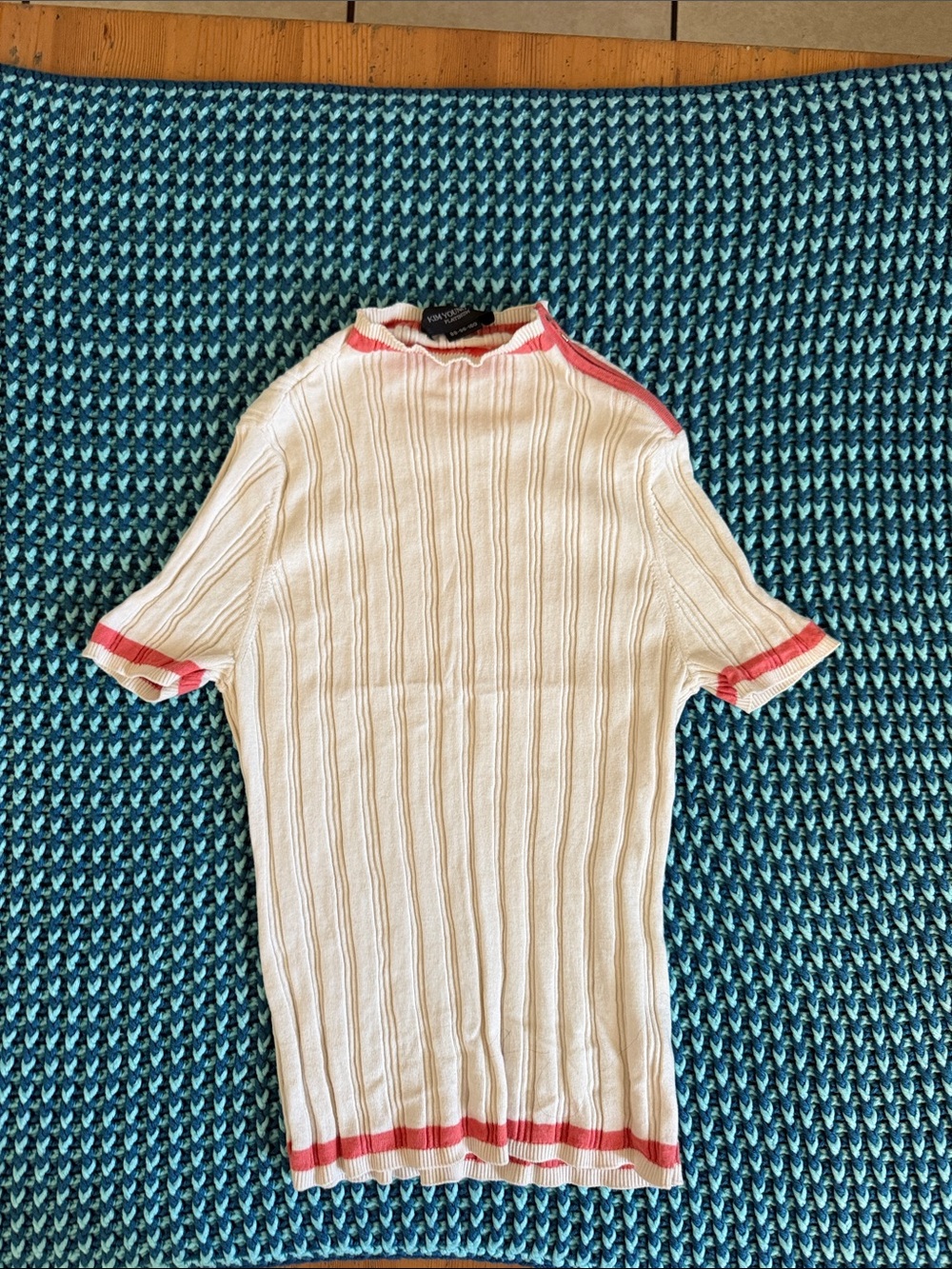 Cream Ribbed Short Sleeve Sweater with Pink Trim